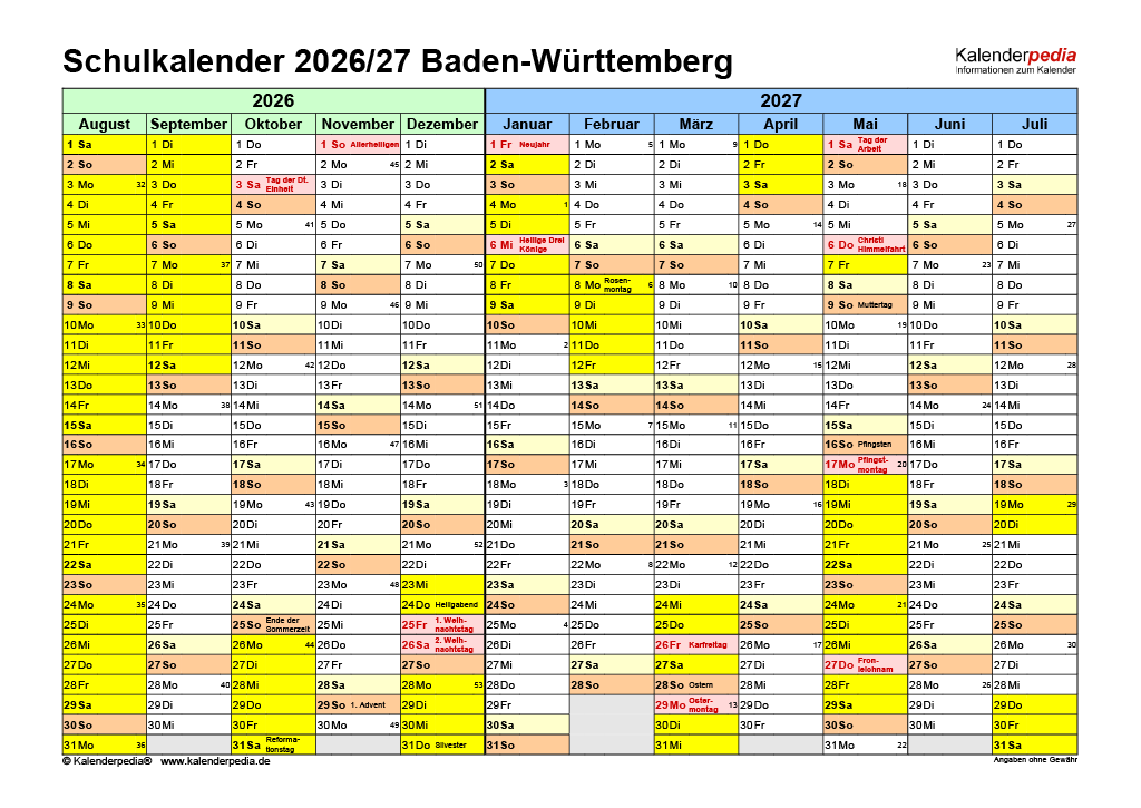 Schulkalender Baden-Württemberg