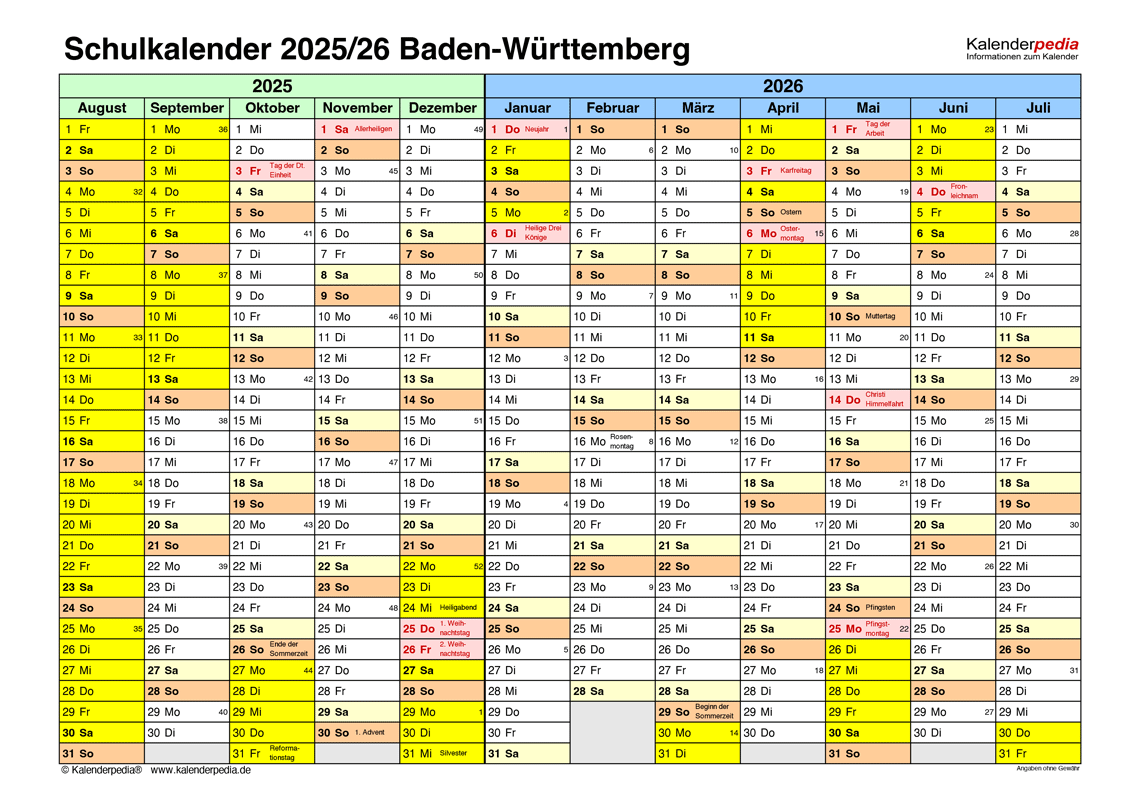 Schulkalender Baden-W&uuml;rttemberg